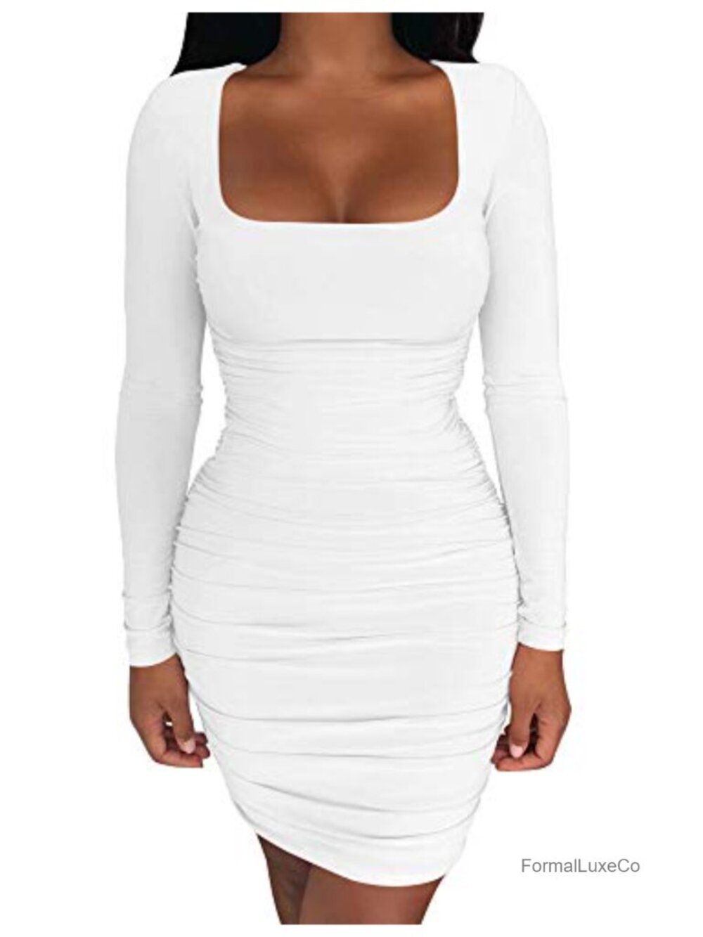 Sexy Bodycon Long Sleeve Mini Dress Square Neck Ruched Party Club